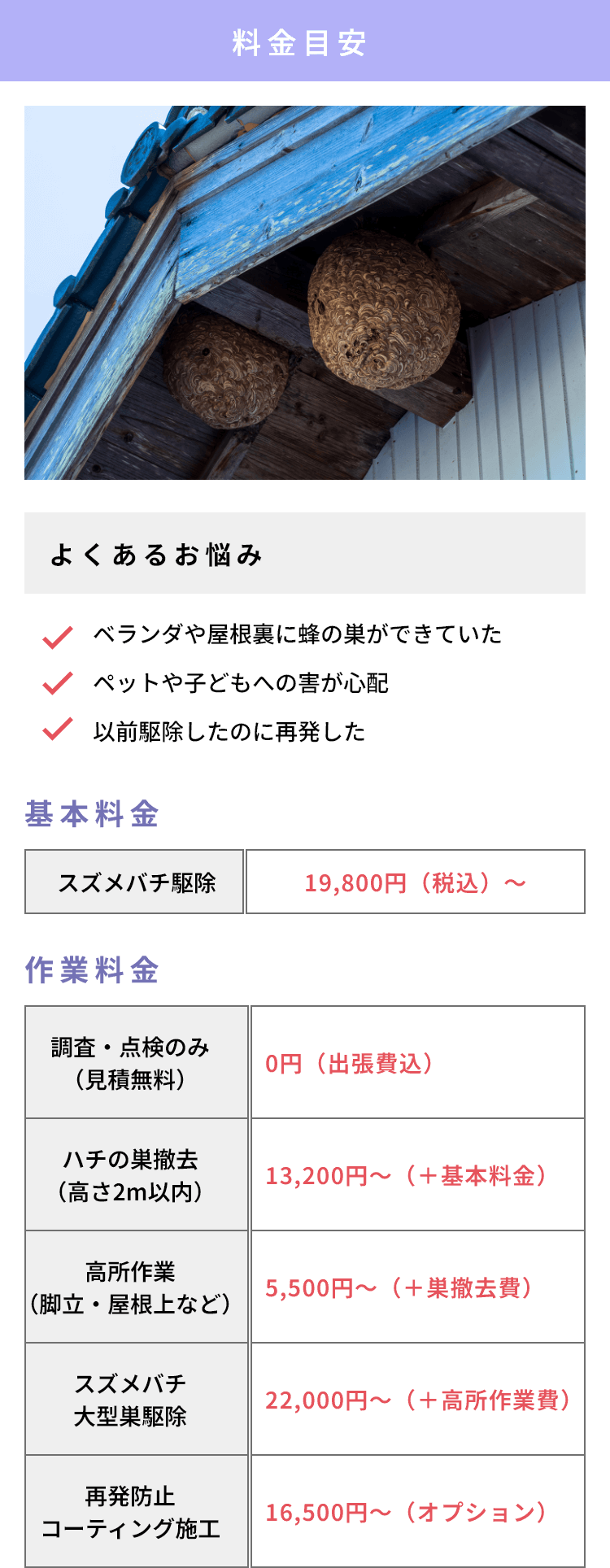 害虫害獣サービス料金目安